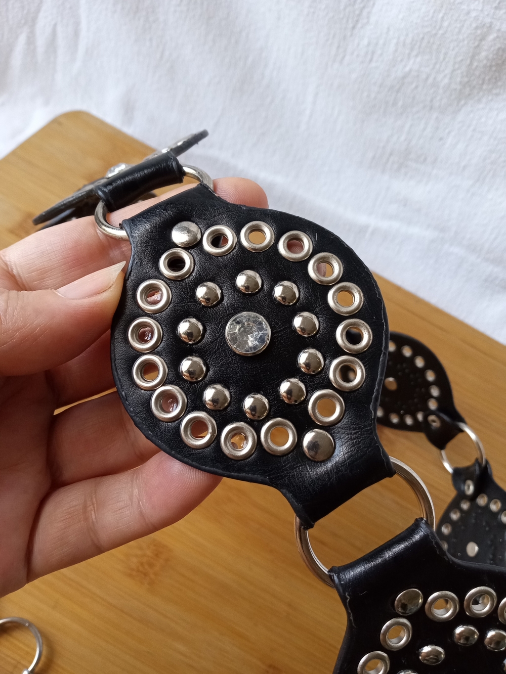 CHAIN BELT STUDDED BLACK LEATHER & SILVER METAL Western Boho Rock 36L (36"-42")